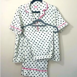 Kate Spade New York Crop Medium Pajama Set, white with black dots and pink trim